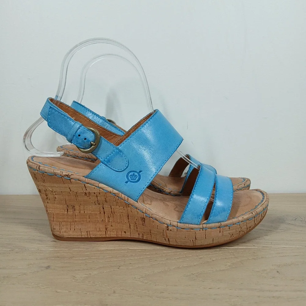 Born Wedge Sandals Womens 8 Blue Leather Cork Platform Slingback Opanka Strappy